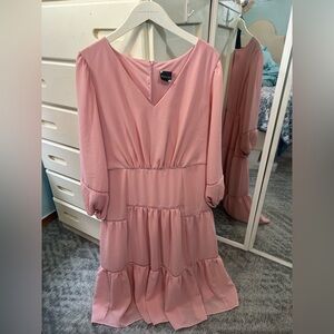 Blush Pink Tiered Chiffon Spring Dress with Balloon Sleeves V-Neck Dress✨